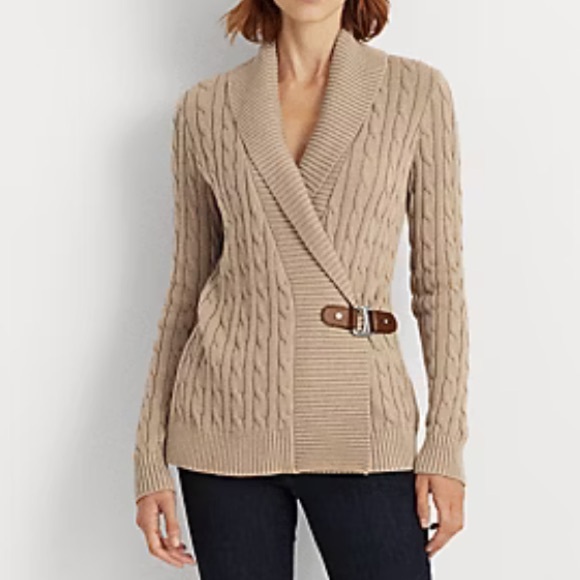 Lauren Ralph Lauren Cream Cable Knit Shawl Collar Buckle Sweater XS Old Money - Picture 2 of 11
